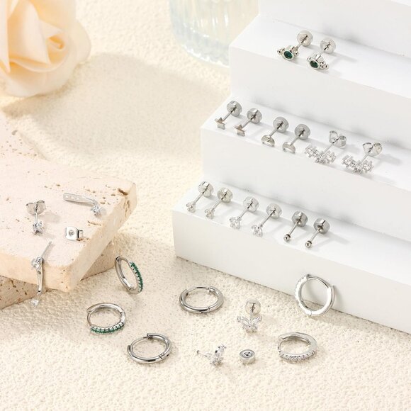 14K Gold Flat Back Dainty Earrings Set with Cubic Zirconia for Sensitive Ears, M - Picture 6 of 6